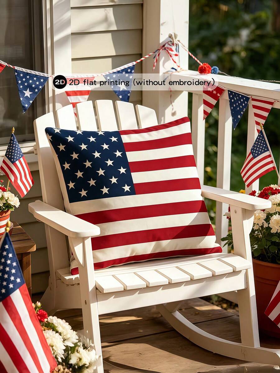 1/2/4 piezas Juego de fundas de almohada planas en 2D con diseño de bandera estadounidense, perfectas para celebraciones del Día de la Independencia, decoración festiva para el hogar y al aire libre, decoración para la sala de estar o el dormitorio, impresión plana en 2D, insertos de almohada no incluidos - Rojo y blanco - Ver 1