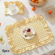 1pc/2pcs/6pcs Korean Style Plaid Placemats, Sweet Princess Candy Color Plaid Tablecloth With Ruffle Edge, Cute Food Plate Insulation Pad - Multicolor - View 11