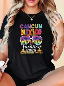 Camiseta de algodón puro con estampado de texto "Vacaciones en Cancún, México 2026", de cuello redondo para mujer, de manga corta, para primavera/verano, informal para ir de compras, vacaciones, regalo de fiesta, adecuada para reuniones de amigos. - Negro - Ver 8