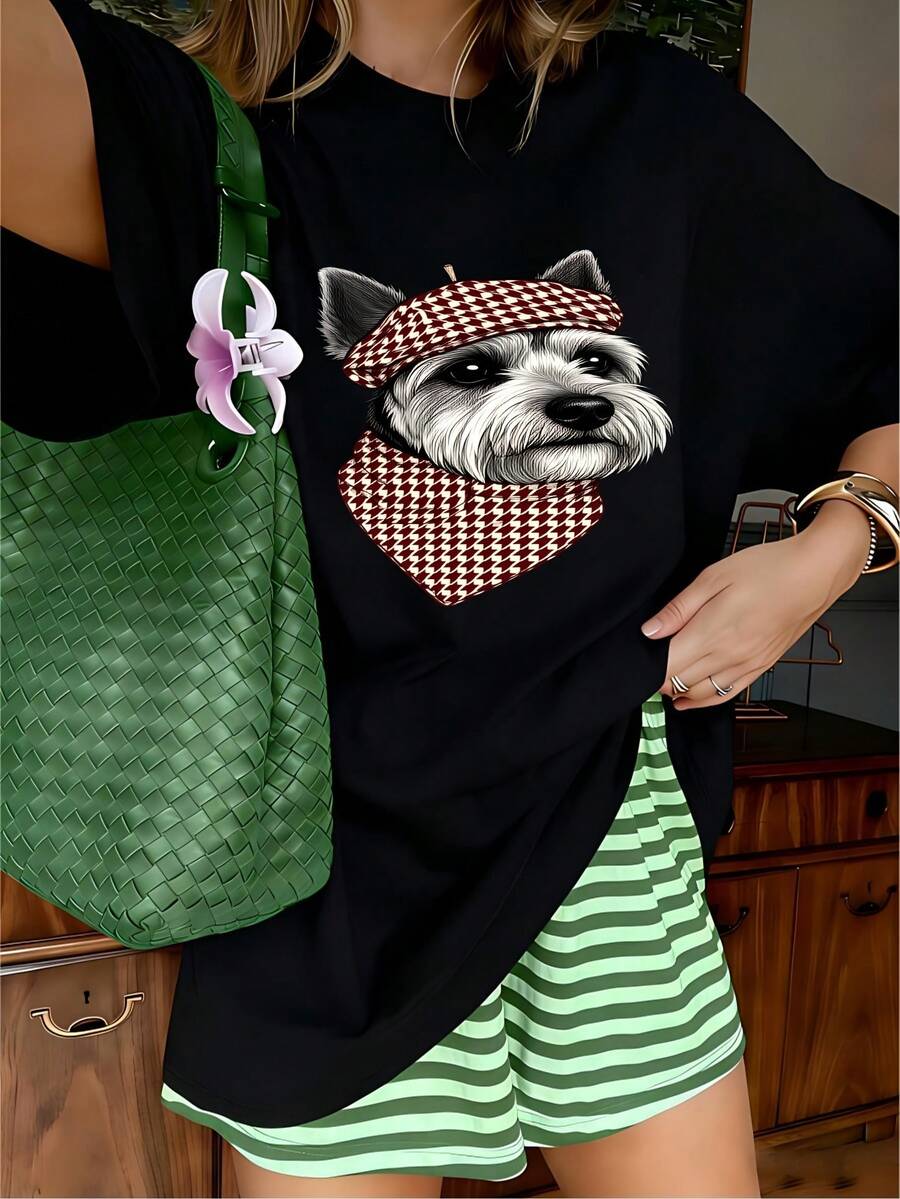 Cute Dog Graphic T-Shirt, 100% Cotton Oversized Soft Breathable Casual Crewneck Short Sleeve Top, Retro Aesthetic Summer Vibes Tee For Pet Lovers & Dog Enthusiasts - 黑色 - 查看 1