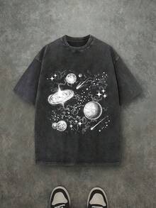 Camiseta casual vintage cómoda y lavada para mujer, camiseta de manga corta con cuello redondo,% algodón lavado y versátil para hombre, adecuada para uso diario y atuendos de, estilo unisex. - Negro - Ver 6