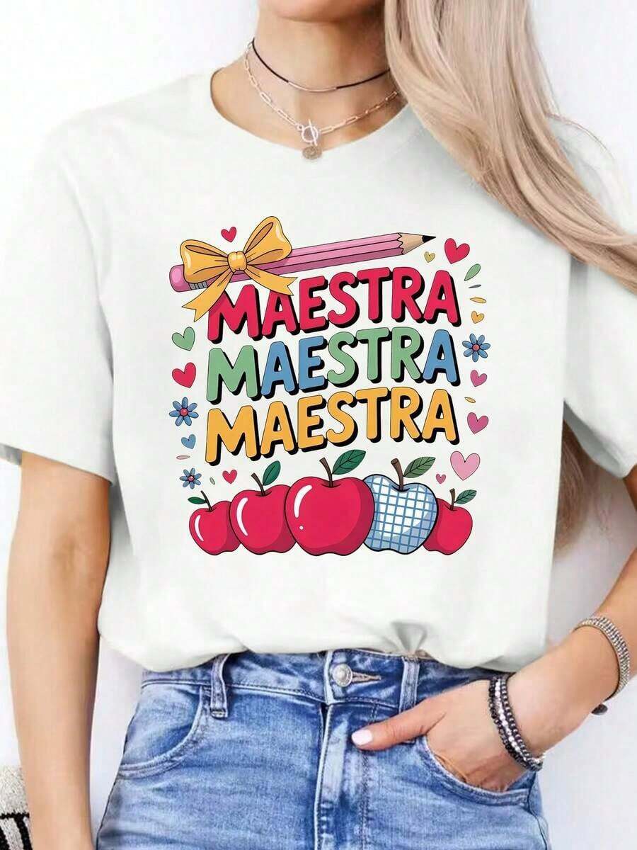 Camiseta Deportiva Vintage de Cuello Redondo y Manga Corta - Casual para Mujer con Estampado de Letras en Español para Primavera y Verano - Camiseta Relajada con Diseño Gráfico - Blanco - Ver 1