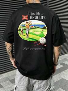 Camiseta de golf estampada con la frase "The Champagne Of Bottle Beer" de GiftMen's M-Iller High Life Beer, camiseta casual de calle para hombre, camiseta de manga corta con cuello redondo de algodón puro transpirable para hombre, estilo casual retro americano, adecuada para uso en exteriores/campo de golf en verano, estilo retro de taberna/calle diaria. - Negro - Ver 3