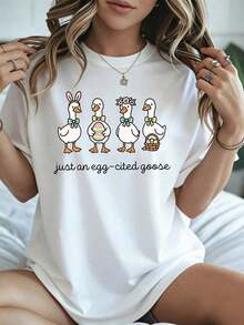 Elegante y casual mujer manga corta,Cute Easter T-Shirt Easter Duck And Bunny Print Just An Egg Cited Goose White Women Casual Wear Spring Summer - Blanco - Ver 1