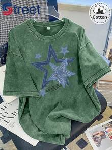 1 Piece Of Vintage Summer Washed Cotton Short Sleeve T-Shirt, American Style With Frayed Edges And Star Print, Plus Size Top For Women, Loose Fit, Dropped Shoulders, Round Neck, Oversized Style, Comfortable And Fashionable, Versatile For Everyday Wear, Y2k Women's Clothing, 100% Cotton 180g. - 黑色 - 查看 8