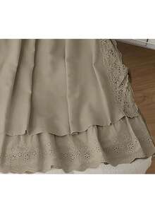 Women's Spring/Summer New Linen Fabric Embroidered Hem Long Skirt, Casual Versatile Elastic Waist Lace Patchwork Skirt - Khaki - View 4