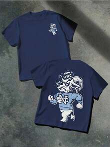 UNC Tar Heels Casual T-Shirt With Double Print, 100% Cotton, Blue And White Mascot Design, Short Sleeve T-Shirt - 藍色 - 查看 6