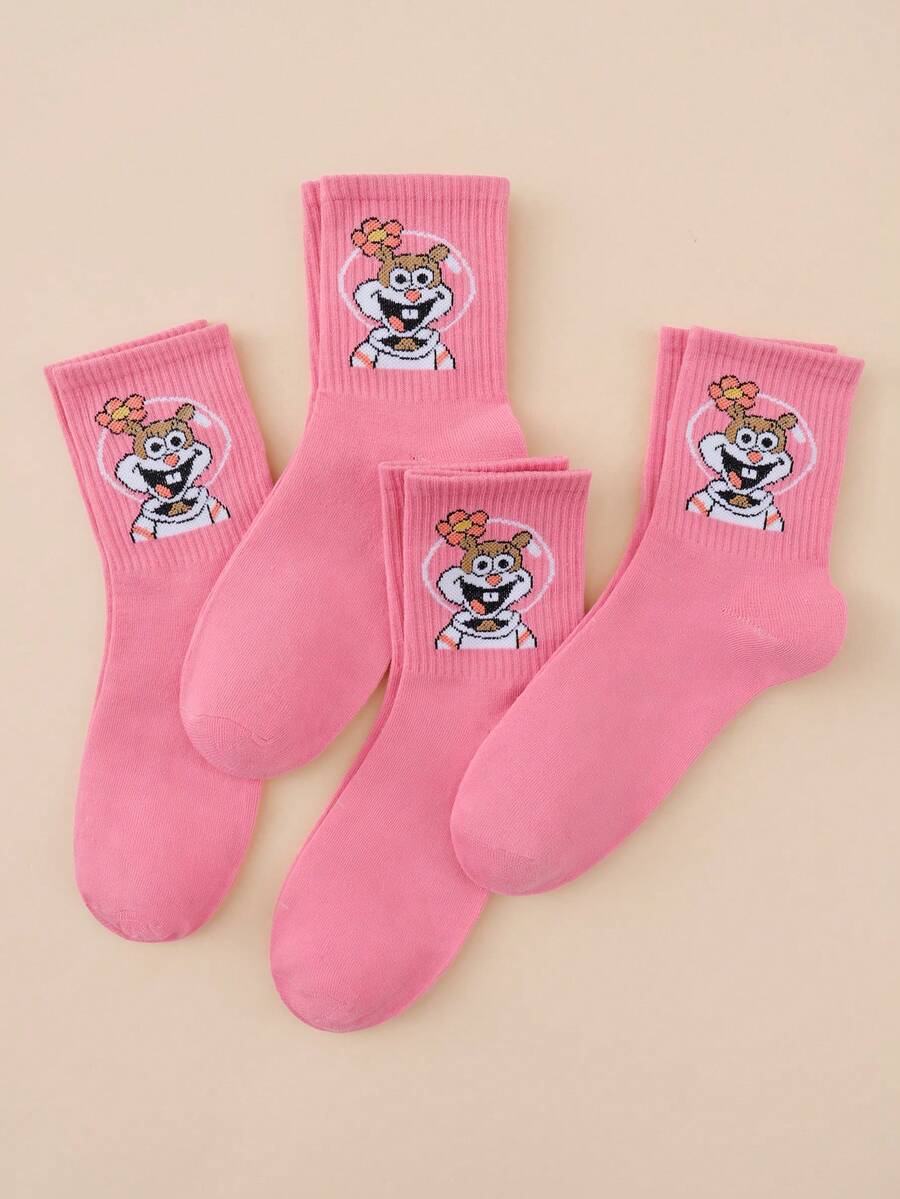 SpongeBob SquarePants 4 Pairs Women's Fun Personalized Cartoon Cute Mid-Calf Socks,All-Season,Comfortable,Rich Colors,Suitable For Daily Wear - Multicolor - View 1