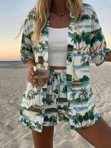 Conjunto de kimono de algodón blanco con arrugas + shorts, conjunto casual de vacaciones para primavera/verano - Multicolor 7 - Ver 3