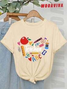 Y2K Style,  Style, The Newest Of 2026, Cute Style, Casual Style. Women's Plus Size T-Shirt, 100% Soft Cotton, Fashionable For Summer, Y2K Cleanfit Style, Slim Fit, Colorful, ABC Teacher Design, Perfect Gift For Teachers, School Professors, Back To School, Teacher Appreciation, Casual, Perfect For All Seasons, Women's T-Shirts 180g (Sizes S-XXXL) - 杏 - 查看 2