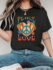 Camiseta negra para mujer con estampado de paz y amor - Diseño de corazón, flor y símbolo de la paz, camiseta casual de manga corta para primavera/verano, mezcla de poliéster suave, lavable a máquina, camisetas para damas. - Negro - Ver 7