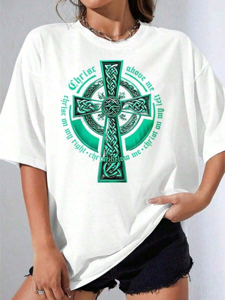 Women's T-Shirts, Casual Short Sleeve Party T-Shirt With White Celtic Cross, Christian Religious Graphic With Message 'Christ Above Me, Christ To My Right, Christ Below Me', For Casual Wear, Church Clothing, Faith-Inspired Clothing, 180g - 白色 - 查看 1