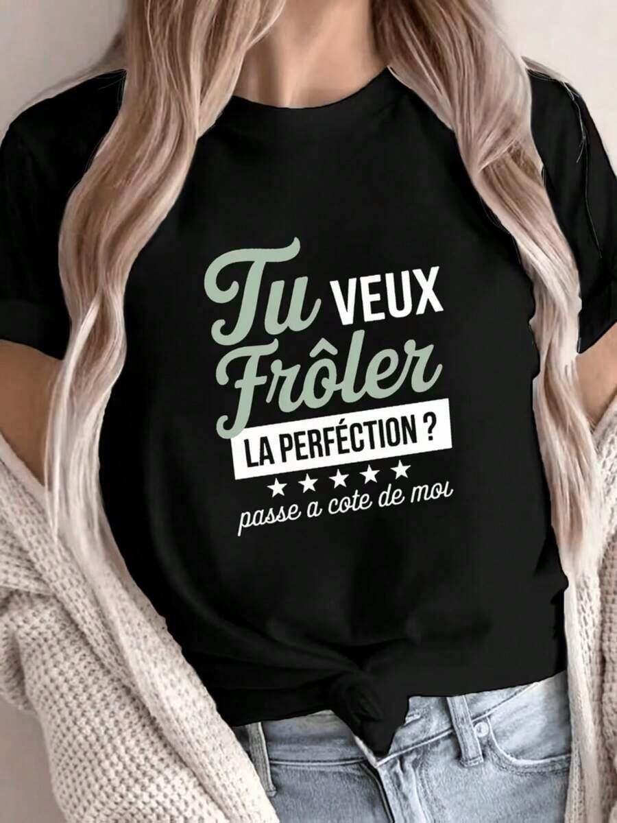 Camiseta de Mujer con Tema "Perfecto" en Francés | Camiseta de manga corta con estampado informal y cuello redondo, tela de elasticidad media para uso diario y estilo francés, camiseta para mujer. - Negro - Ver 1