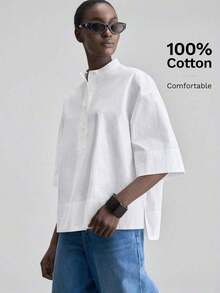 de diseño versátil y casual de serie esencial con sensación de lujo minimalista, con cuello redondo, hombros caídos y diseño suelto, silueta corta por delante y larga por detrás, de estilo urbano moderno y elegante para oficina, ideal para bod - Blanco - Ver 4