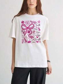 Women's Short Sleeves, Interesting Printed T-Shirts, Beautiful ClothesWhite T-Shirt With Pink Ribbon And Floral Design Faith Hope Love Courage Strength Cure Breast Cancer Awareness For Women Casual Wear-Vintage Street Style Unisex Loose Cotton Short Sleeve Crew Neck T-Shirtblusas para mujer. blusas.blusas casuales para dama. - Blanco - Ver 4
