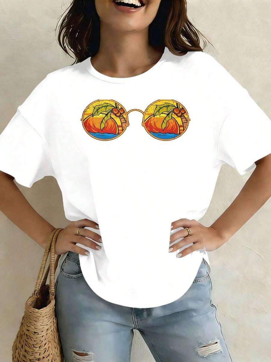 Women's Lightweight Casual T-Shirt With Oil, Water, Cream, Tree, Fruit, And Palm Butter Print Q4GAEGA4GQ, Round Neck, Short Sleeve, For Summer, Summer Vacation Wear, Suitable For Festivals And Daily Wear. Suitable As A Gift. Women's T-Shirt. Blouses>Elegant. Boho Chic. Soft, Breathable, And Comfortable Women's Top, Ideal For Spring, Summer, And Autumn, Perfect For Vacations, Travel, And Everyday Wear. - 白色 - 查看 1