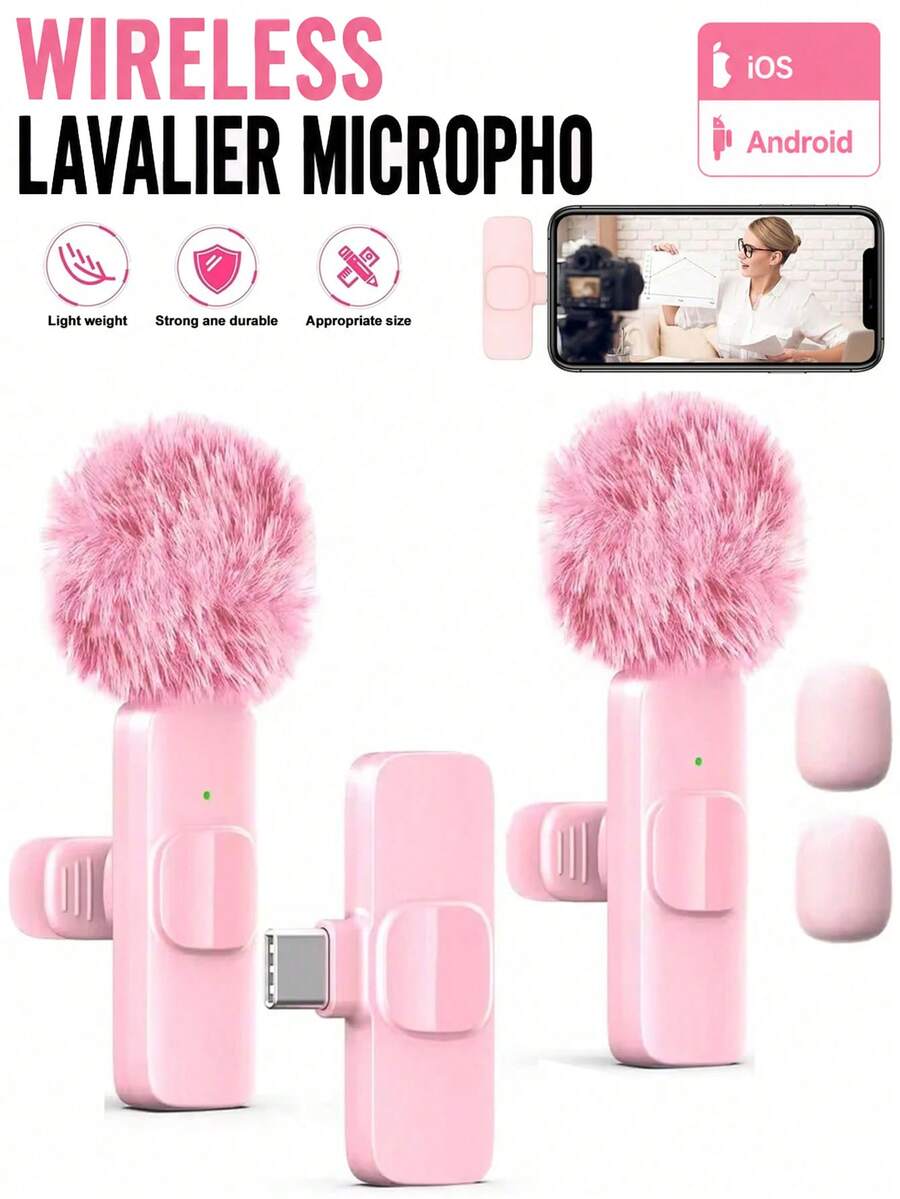 Micrófono de solapa inalámbrico, grabación de un solo botón, diseño con clip, interfaz USB Tipo-C, captación omnidireccional, adecuado para transmisión en vivo, podcasting, vlogging, entrevistas, grabación de campo (rosa), audio plug and play de una tecla adecuado para teléfonos inteligentes/tabletas/portátiles - Ver 1