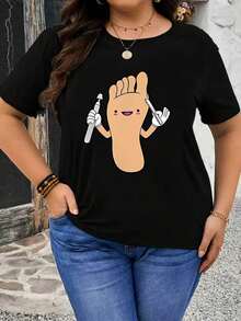 ModaModaPlus Size, Camiseta de Talla Grande con Bonito Diseño de Huella de Pata de Dibujos Animados, Camiseta Negra de Manga Corta con Cuello Redondo Estampada - Lavable a Máquina, Estilo Casual, Ajuste Cómodo, Diseño Moderno, Versátil para Uso Diario, Tela Suave, Estampada. - Negro - Ver 6