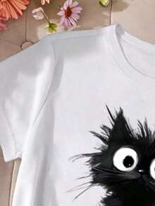 Fashionable Summer Clothes For Women, T-Shirts, Summer Clothes For Women, T-Shirts For Teenage Girls, Black Graphic T-Shirts, Round Neck And Short Sleeve, Casual, Comfortable, Fashionable, Minimalist, Versatile, Creative, Fun, Anime Style, Letter Print, Graphic T-Shirts For Women, Daily Wear Sets For Women, Cute, Printed. - 白色 - 查看 4