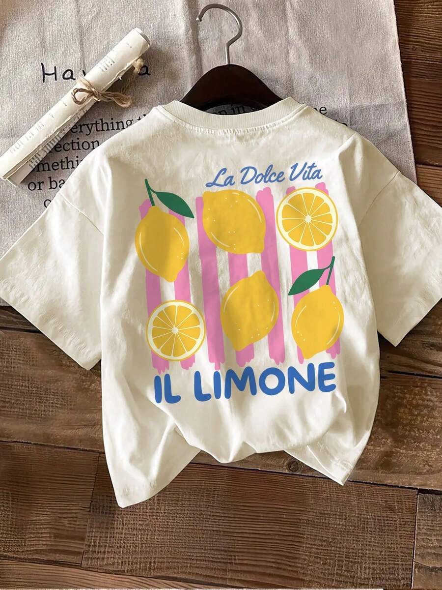 Edición Limitada: Camiseta Casual de Moda para Mujer, Estampada por Ambos Lados, para Primavera y Verano, con un Diseño de Rayas de Limón Fresco, Estampado La Dolce, Cuello Redondo y Hecha de Algodón Ligero de Manga Corta. - Albaricoque - Ver 1