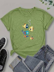 Camiseta de manga corta para mujer, estilo europeo y americano, con estampado de peces, a la moda, versátil, casual, deportiva, de cuello redondo. - Rojo - Ver 7