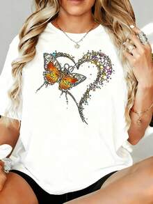 Women's T-Shirt With Butterfly Heart Rhinestone Embellishments, Casual Loose Fit, Fashion Shirt, 180g, For Leisure, Home, Outdoor, Gift For Valentine's Day Or Party - 白色 - 查看 7