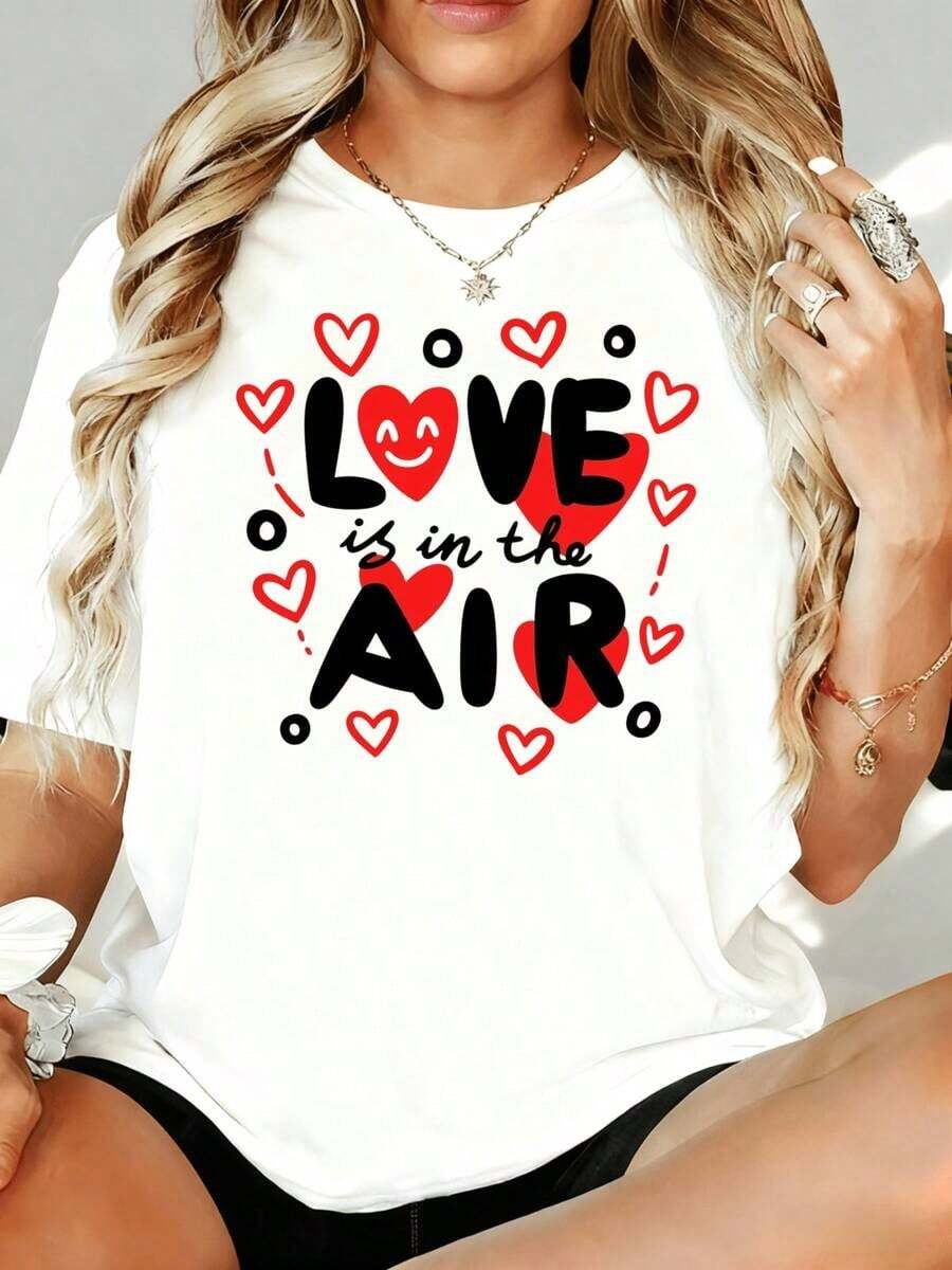 Camiseta con Estampado de Corazón 'El Amor Está en el Aire' para Mujer, Estilo Casual, para el Día de San Valentín, 180g, para Ocio en Casa, al Aire Libre, Regalo para Fiesta de San Valentín - Blanco - Ver 1