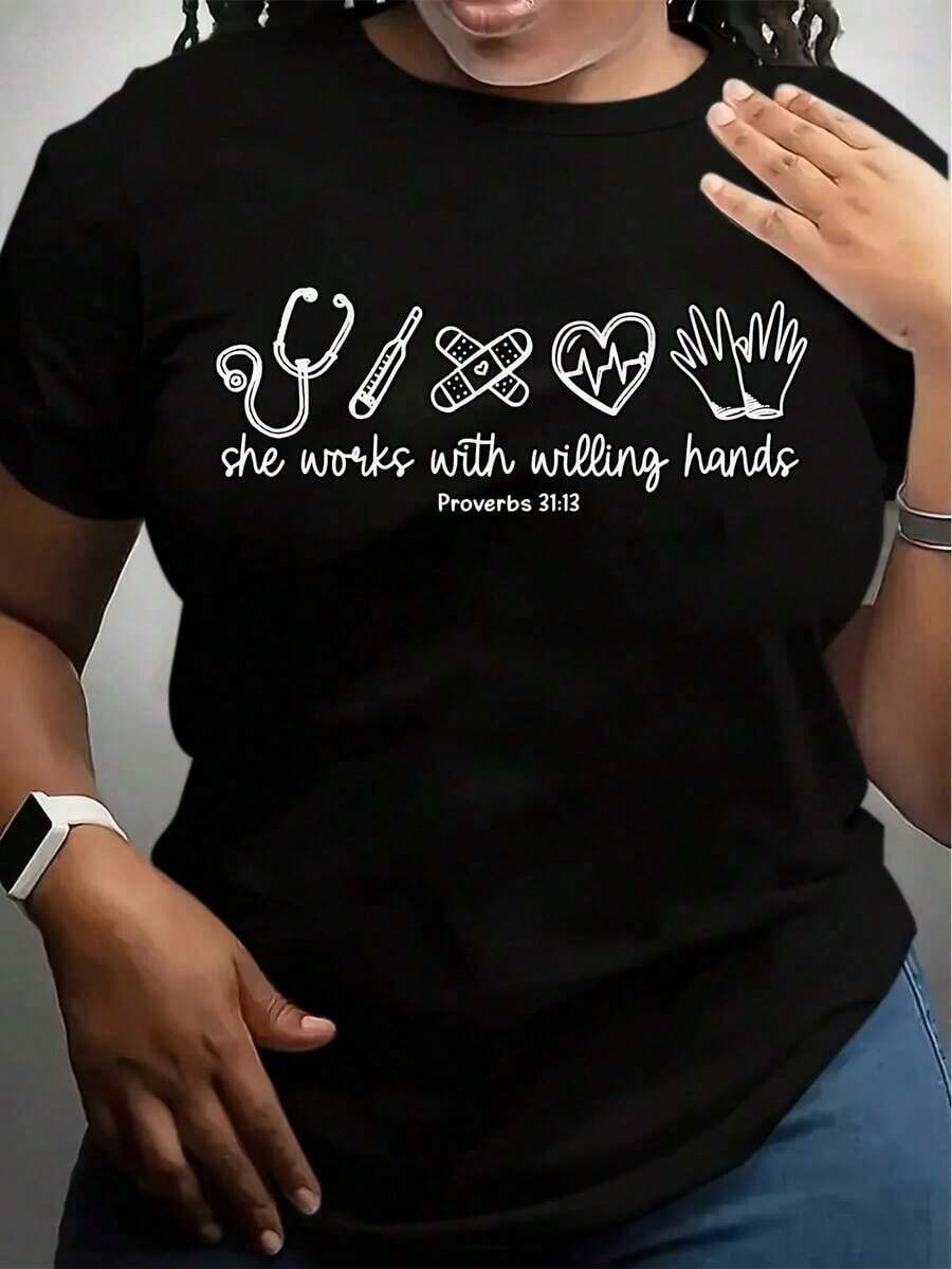 Women's Crew Neck T-Shirt, Navy Blue, With Stethoscope, Syringe, Bandage, Heart And Hands Print, With The Phrase "She Works With Willing Hands", Proverbs 3113, Christian Inspiration For Nurses, Doctors And Medical Professionals. - 黑色 - 查看 1