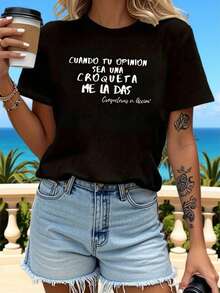 Camiseta de manga corta de cuello redondo para mujer, corte regular, con estampado de texto en español "CUANDO TU OPINION SEA UNA CROQUETA ME LA DAS", para primavera/verano, compras informales, regalo de vacaciones, atuendo para reuniones de amigos, atuendo diario informal, verano. - Negro - Ver 7