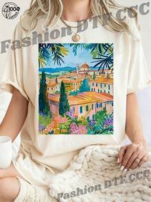 Hermosa, elegante, única, cómoda, camiseta de algodón puro para mujer, estilo veraniego, estampada con motivos de paisajes urbanos, top holgado de manga corta, a la moda, casual, versátil, ropa de mujer moderna, nuevo estilo de verano, cómoda, transpirable, camiseta de talla grande. - Blanco - Ver 1