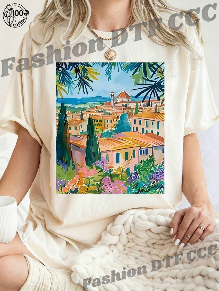 Hermosa, elegante, única, cómoda, camiseta de algodón puro para mujer, estilo veraniego, estampada con motivos de paisajes urbanos, top holgado de manga corta, a la moda, casual, versátil, ropa de mujer moderna, nuevo estilo de verano, cómoda, transpirable, camiseta de talla grande. - Blanco - Ver 1