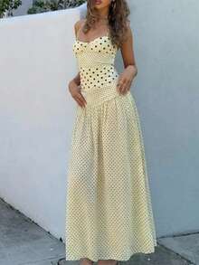 Vestido Largo Tirantes Lunares Cintura Alta Primavera Estilo Europeo Casual Diario Elegante Moderno para Mujer - Amarillo - Ver 5