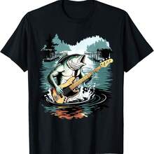 Weird Bass Fish Playing Bass Guitar Funny Cursed Meme T-Shirt - Black - View 1