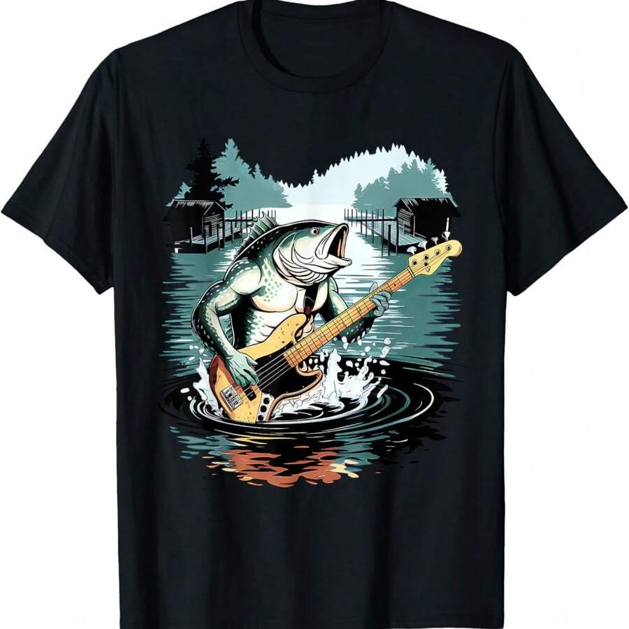 Weird Bass Fish Playing Bass Guitar Funny Cursed Meme T-Shirt - Black - View 1