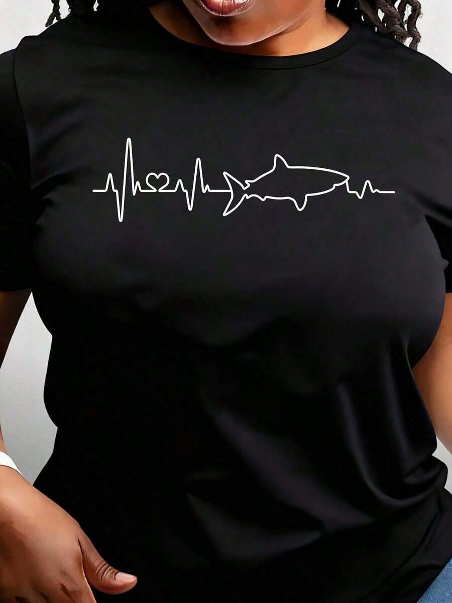 Camiseta Casual para Mujer, Blanca, con Diseño de Tiburón y Latidos del Corazón, Regalo para Amantes de Tiburones, Camiseta 'I Love Sharks' - Negro - Ver 1
