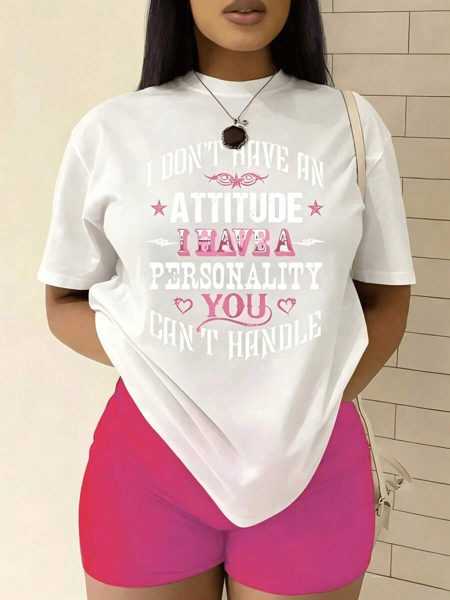 Curvy Clothing On : Women's Casual Loose Summer T-Shirt With Slogan Print, Round Neck, And Drop Shoulders, Featuring The Graphic 'I DON'T HAVE AN ATTITUDE I HAVE A YOU CAN'T HANDLE'. Women's T-Shirts Y2K. - 白色 - 查看 1