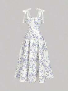 MOD Vestido largo con estampado floral y tirantes con lazo para mujer, ideal para primavera, graduación, vestidos modestos para mujer, vestidos para vacaciones de primavera - Multicolor - Ver 2