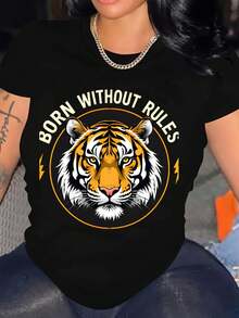 Camiseta de Manga Corta con Estampado de Cabeza de Tigre para Mujer, Cuello Redondo, Estilo Casual, Color Negro, Marca Born Without Rules - Negro - Ver 6