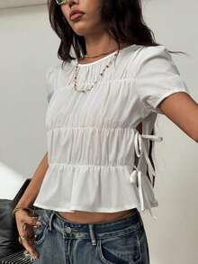 Blusas de mujer con manga corta, cuello redondo, fruncido, encaje y abertura lateral para primavera y verano, estilo Y2K ideal para citas, festivales de música y conciertos - Blanco - Ver 3