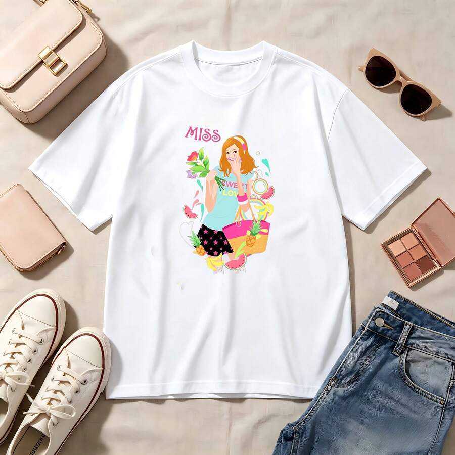 Kawaii, Miss Girl Cartoon Print, 100% Cotton, Oversized, Soft Breathable, Casual Crewneck, Short Sleeve Top, Summer Vibes, Streetwear, Spring Vibes - 白色 - 查看 1
