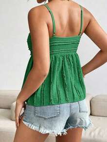 Camiseta sin mangas de mujer de moda con diseño plisado de unicolor y ribete de encaje - Verde Oliva - Ver 2