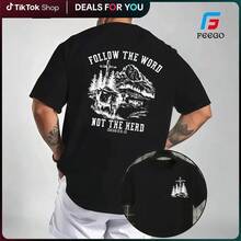 Camiseta FEEGO Faith 2026 "Sigue la Palabra, no el rebaño" - Con gráfico de cruz, vaca y montaña para uso en la iglesia o al aire libre, mensaje cristiano evangélico, ropa unisex para hombre y mujer. - Negro - Ver 4
