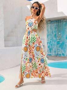 Vestido largo con estampado floral, sin mangas y con diseño calado en la cintura, para vacaciones - Multicolor - Ver 3