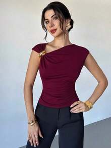 Asymmetrical Off-The-Shoulder Top With Metallic Embellishments, Stylish And Casual, Suitable For Going Out, Parties, And Other Occasions/Autumn For Women/Halloween Costume For Women/Red Christmas T-Shirt/New Year's Top/Elegant Top For Women - 紅玫瑰 - 查看 5