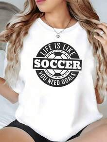 Frase motivadora sobre la vida comparada con el fútbol que transmite la importancia de tener metas y luchar por alcanzarlas inspirando energía y actitud positiva camiseta de mujer casual cómoda para uso diario - Negro - Ver 1