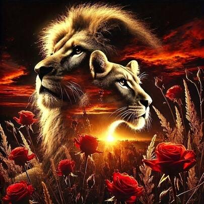1 Set "Lion At Sunset" 5D DIY Diamond Art Painting Kit. Handmade Entertainment Products, Crafts, Gifts, Handmade Decorations, Desktop Ornaments, Wall Hangings. Furniture Decoration Gifts, Artworks