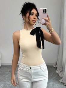Camiseta sin mangas de mujer con contraste de color y lazo - Albaricoque - Ver 7