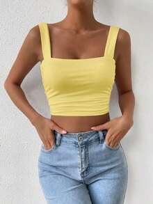 Top Cami Ajustado de Pliegues unicolor y Corto para el Verano - Amarillo - Ver 4