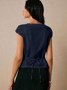 Blusa de mujer de unicolor con diseño de botones y encaje en contraste - Azul marino - Ver 6