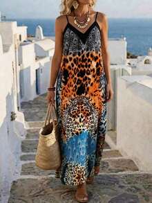 Tall Vestido de línea A con estampado de leopardo para mujer, adecuado para vacaciones y uso diario - Multicolor 4 - Ver 9